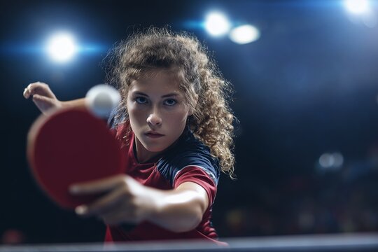 Focused female athlete playing table tennis during a competitive match.