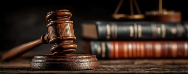 Wooden gavel and legal scales beside law books in a courtroom setting