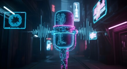 Futuristic Microphone with Glowing Neon Lights and Digital Sound Waves