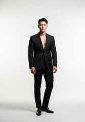 Confident Korean Man in Stylish Black Suit with Open Blazer, standing confidently in a studio on white background.
