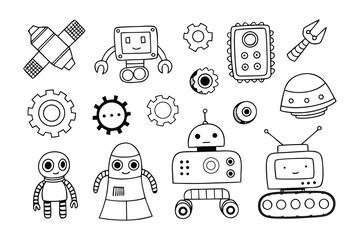 Whimsical Robots and Mechanical Elements: An artistic illustration of various robots and mechanical elements arranged creatively, representing technology and futuristic concepts.