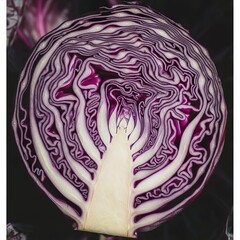 Obraz premium Cross-section of a vibrant red cabbage, revealing intricate swirling patterns and creamy white core.