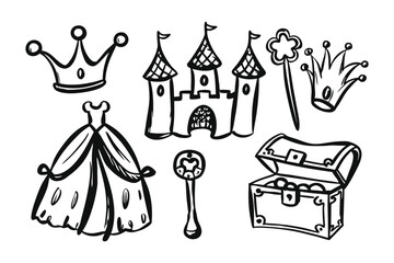 Princess Items Icon Set: A collection of whimsical illustrations. Includes a royal castle, crown, dress, chest of treasure, and magic wand. Suitable for children and story themes. 