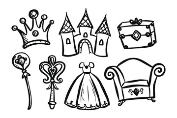 Royal Kingdom Collection: A charming collection of illustrated royal items and princess icons. Perfectly suitable for fairy tale, dreamlike or children-related project. 