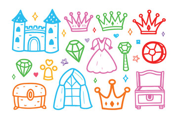 Royal Collection: A charming collection of vibrant hand-drawn illustrations depicting regal crowns, sparkling gems, a majestic castle, and elegant princess attire © Ajhar234