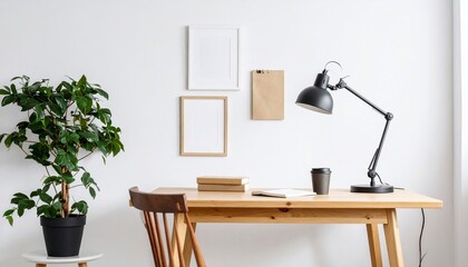 Minimalist Home Office Setup with Desk Lamp and Plant