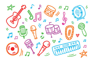 Musical Extravaganza: A vibrant illustration of musical instruments. A collection of artistic designs featuring a guitar, drum, microphone, and piano