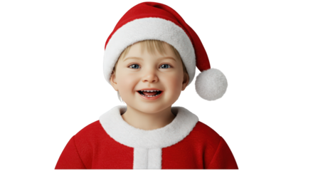 Happy toddler wearing a Santa Claus costume, smiling broadly for the camera.