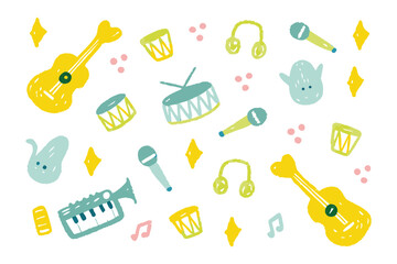 Musical Instruments Composition: A vibrant composition of musical instruments and elements, showcasing a playful arrangement of diverse instruments.