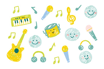 Musical Delight: A whimsical collection of musical instruments and cheerful icons creates a joyful and vibrant composition, perfectly capturing the essence of music and fun.