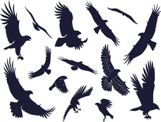 Collection of silhouettes of eagles in various flight poses showcasing powerful wings and majestic forms against a clean backdrop