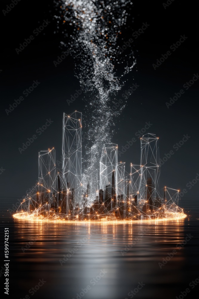 Wall mural abstract digital city with glowing connections and dynamic data streams