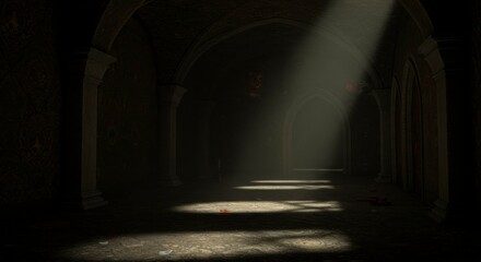 Fototapeta premium Dark, arched hallway with sunbeam. Mysterious, ancient feel