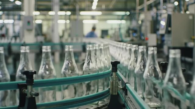 An assembly line of glass bottles