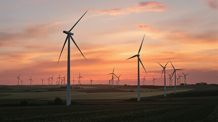 Silhouetted wind turbines stand tall across a gently rolling landscape at sunset, their blades catching the fading light against a vibrant, orange-pink sky.  Fields stretch to the horizon
