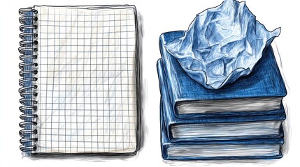 Sketch of a Spiral Notebook and Stack of Books with Crumpled Paper