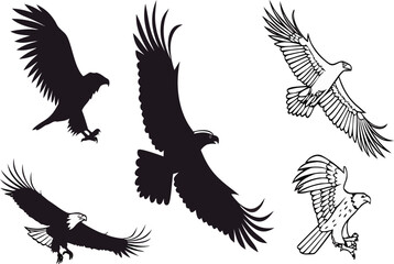 Majestic eagles in flight showcasing powerful wings and keen eyesight in stylized black and white illustration