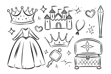 Royalty Essentials: An ink-drawn collection of essential elements of royalty, exuding elegance and charm. This image embodies the core symbols of power, grace, and fairy tale wonder.