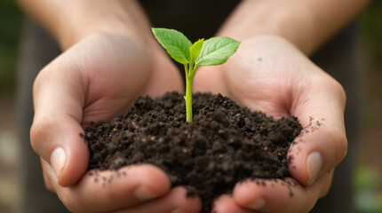 Two hands gently cradle a small seedling emerging from dark, rich soil, symbolizing growth, nurture, and environmental care