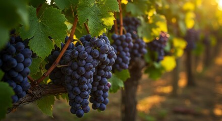 Fototapeta premium Clusters of ripe dark grapes on vines