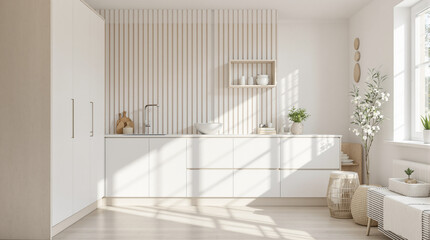 Minimalist kitchen design featuring white cabinetry, light wood slat wall, and natural elements; sunlight streams through a window illuminating the space