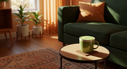 Sunlit living room features a green sofa, potted plants, and a matcha latte on a side table