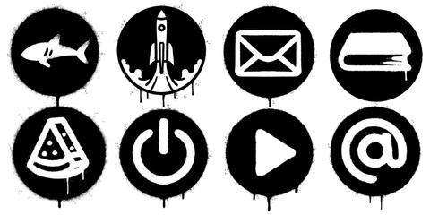 Graffiti Style Black and White Icon Set with Dripping Spray Paint Effect. icons include a shark, rocket, envelope, book, pizza slice, power button, play symbol, and at sign.