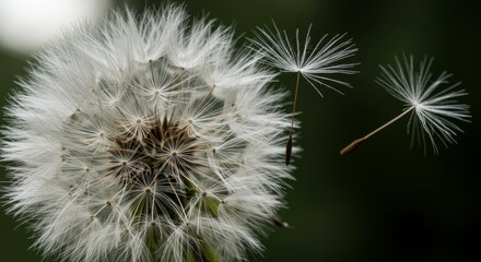 Obraz premium Dandelion seed head with some seeds already airborne, against a blurred background