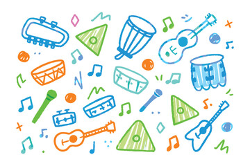 Musical instruments: A whimsical illustration showcases an array of musical instruments, symbols of rhythm and melody, each exuding its own unique tone and timbre.