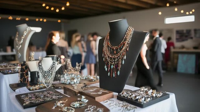 Elegant jewelry display at a lively event showcasing artisanal pieces.