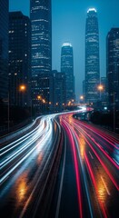 Obraz premium Night cityscape with light trails from cars speeding along a highway next to illuminated skyscrapers.
