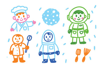 Cartoon Occupations: A playful and whimsical illustration showcasing diverse professions, including a chef, an astronaut, and other characters against a background.