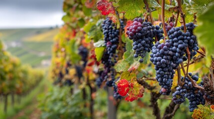 Grapes ripening on the vine in a picturesque vineyard during late summer in the countryside