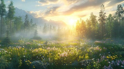 Misty Sunrise in a Flowery Meadow, Majestic Mountains in the Background