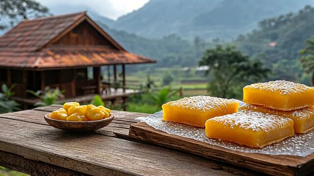Traditional Indonesian dessert Getuk Lindri with mountain view. Culinary background, getuk lindri