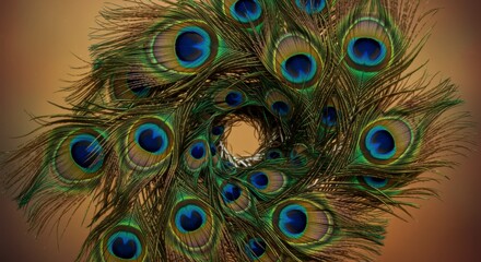 Obraz premium Vibrant peacock feathers arranged in a mesmerizing circular pattern, creating a captivating visual effect