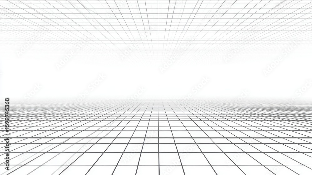 Poster a vast white space is marked by a grid pattern that extends infinitely. the perspective creates a se