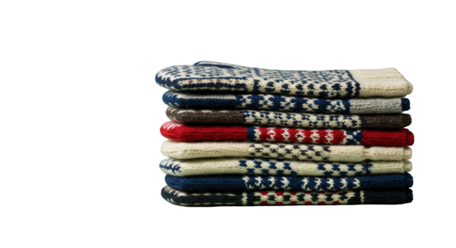 Stack of folded knitted socks with various colorful patterns, including geometric shapes and stripes, on a white background.