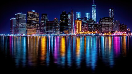 Fototapeta premium Night Lights of the New York City Skyline Reflected on Calm Waters