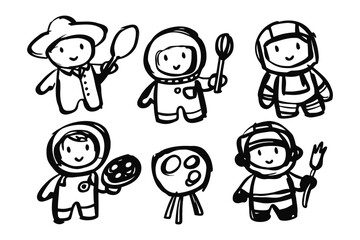 Child's Play: Charming cartoon astronauts venture through a celestial scene, armed with utensils for a cosmic feast, playfully representing exploration, imagination and adventure.