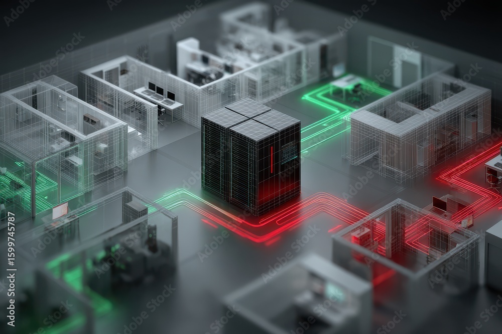 Poster isometric view of server infrastructure with illuminated network connections