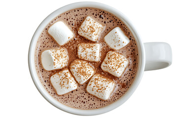 Overhead shot of a white mug filled with hot chocolate and marshmallows sprinkled with cocoa powder isolated on white or transparent png