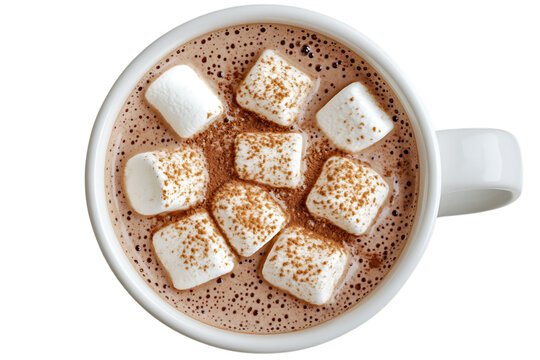 Overhead shot of a white mug filled with hot chocolate and marshmallows sprinkled with cocoa powder isolated on white or transparent png