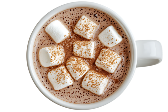 Overhead shot of a white mug filled with hot chocolate and marshmallows sprinkled with cocoa powder isolated on white or transparent png