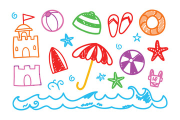 Summer Holiday Doodle: A vibrant and playful illustration captures the essence of summer fun, featuring a whimsical collection of beach essentials that evoke feelings of sun-kissed days.