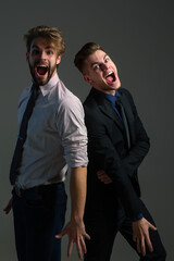 Man models posing in studio. Man couple in fashion style. Stylish guys pride. Handsome boyfriends in elegant outfit. Trendy male models. Fashion men posing. Stylish gay couple. Fashion man.