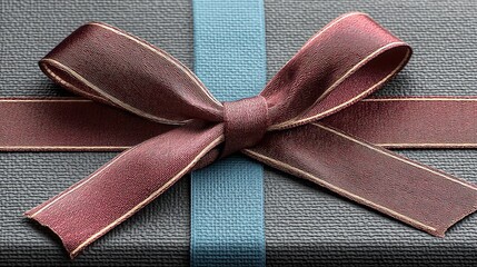 Close Up of a Wrapped Gift Box with a Burgundy Ribbon and a Blue Ribbon