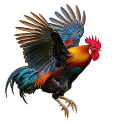 Fototapeta premium A magnificent rooster with colorful feathers captured in a dynamic pose with its wings spread. Ideal for themes of farm life, agriculture, or as a symbol of dawn and new beginnings.