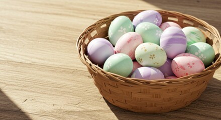 Naklejka premium Easter eggs in a basket on a wooden table