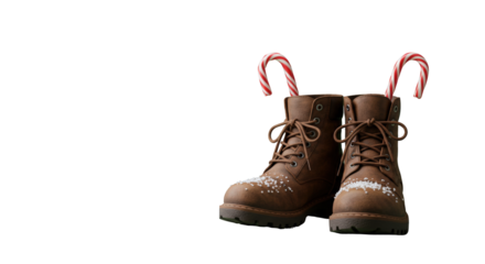 A pair of brown leather boots filled with red and white striped candy canes, dusted with snow, against a white background.